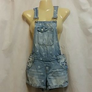 Lei Y2K Womens Junior Small Shortall Daisy Print Blue Jeans Short Overalls Denim